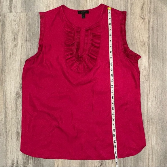J. Crew 100% Silk Ruffle Neck Sleeveless Top Slit V Neck Hot Pink Size 12 Tall - Picture 2 of 7